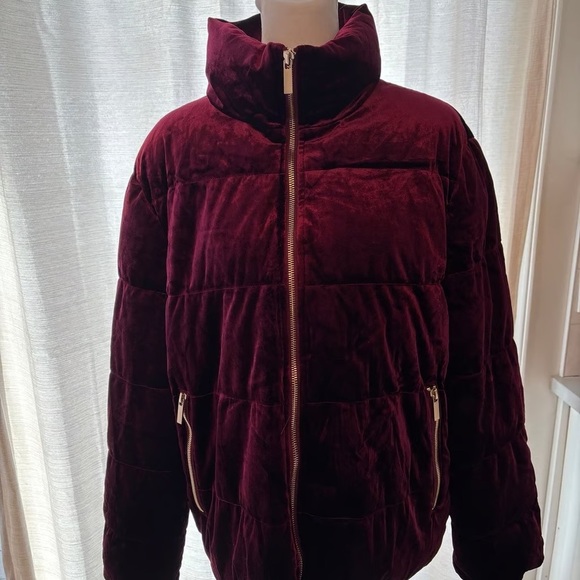 SAKS FIFTH AVENUE BLACK LABEL Burgundy Velvet Full Zip Puff Jacket Zip Pockets L - Picture 4 of 10